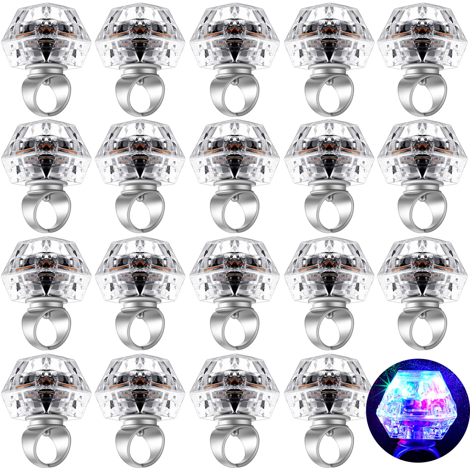 Hicarer 20 Pieces Light up Rings Flashing Plastic Diamond Bling LED Glow Rings for Birthday, Bachelor Parties, Weddings, Raves, Concert, Plastic, Created Diamond