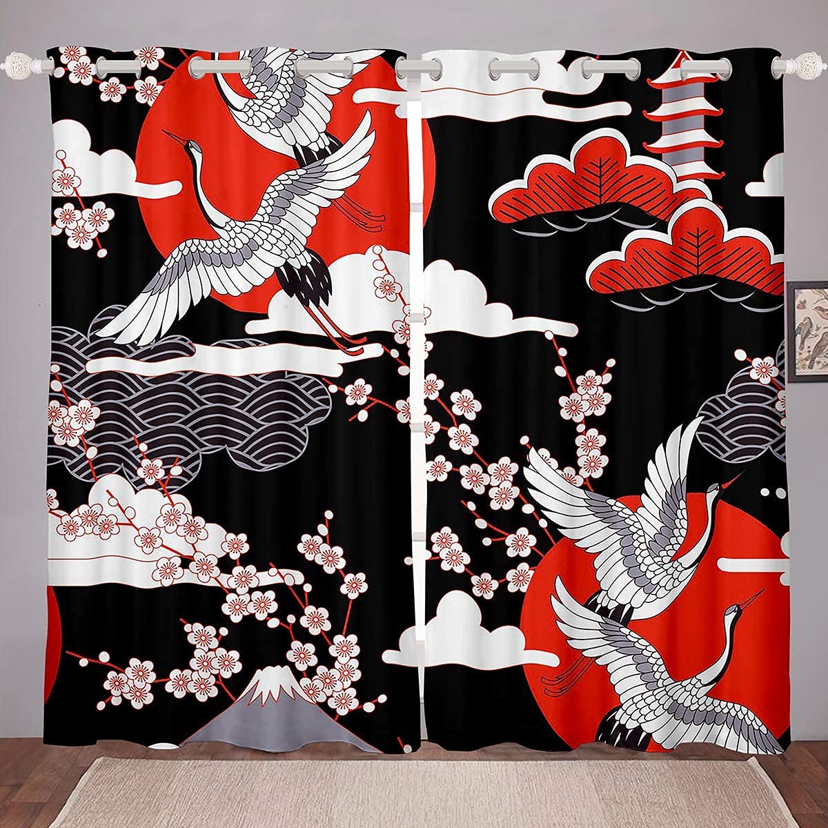 Loussiesd Japanese Style Curtains Crane Curtains Cherry Blossom Window Curtains Japanese Traditional Ukiyoe Theme Window Curtains, Bedroom Kitchen Curtains,W46*L54 — image 1