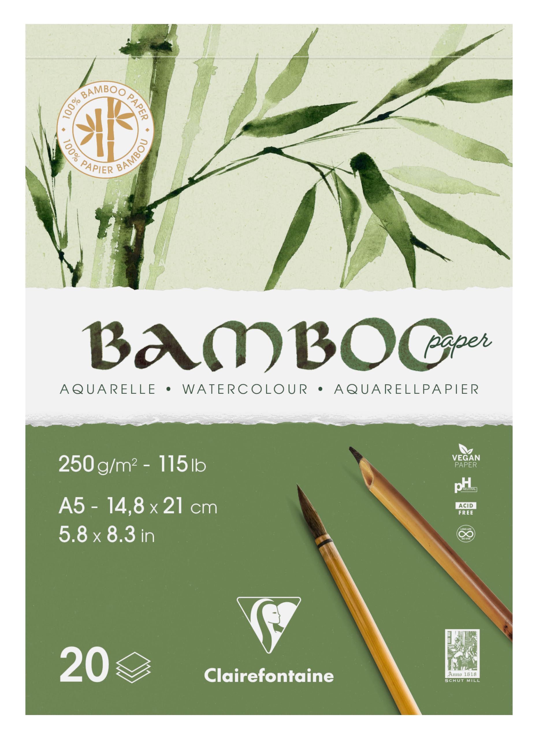 Clairefontaine 975918C - Bamboo Single-Sided Pad - 20 Sheets 100% Bamboo Paper Natural White Watercolour 100% Vegan - Finely Marked Grain A5 14.8x21 cm 250g