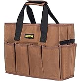 Tool Bag 16 oz. Waxed Canvas Tool Bag Large Capacity Tool Storage Tote comes with a Main Compartment and 12 Exterior Pockets for Wrenches, Scissors, Hammers or a set of Garden Tools and More - Khaki