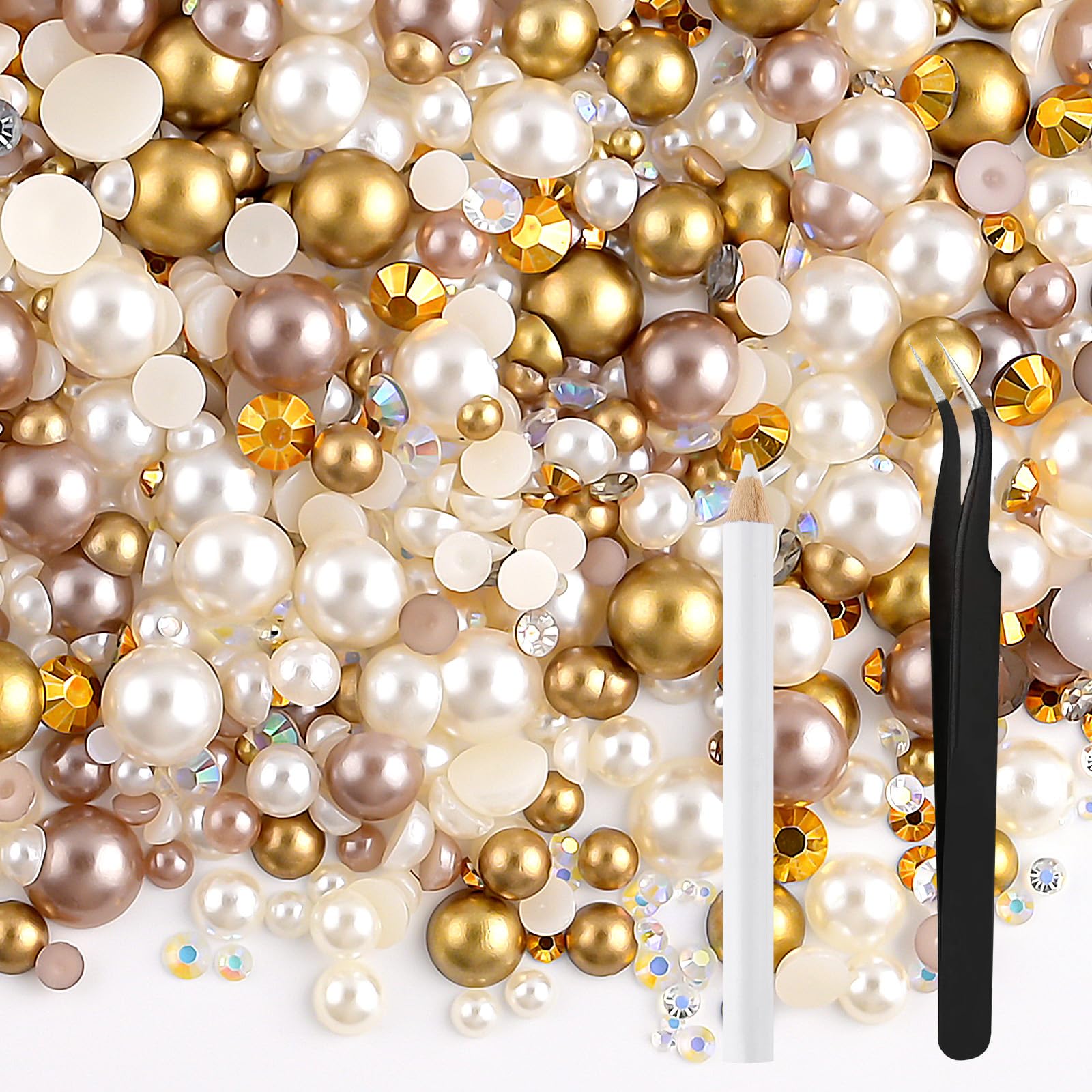 NACHLYNN 60g Mix Pearls and Rhinestones for Crafts Flatback Rhinestones Half Round Mixed Size 3mm-10mm Flatback Pearls for Crafts DIY Nail Art Shoes Clothes Tumblers Mugs (Champagne Gold)