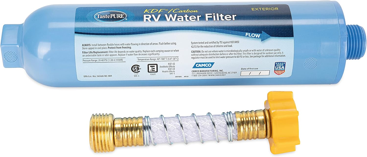 Camco 40043 TastePure RV/Marine Water Filter with Flexible Hose Protector | Protects Against Bacteria | Reduces Bad Taste, Odors, Chlorine and Sediment in Drinking Water: Automotive