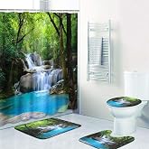 Britimes Bathroom Sets with Shower Curtain and Rugs Set of 4 Waterfall View | Nature Landscape Outdoor Bathroom Decor Set with Toilet Lid Cover, Non-Slip Bath Mats and Accessories 12 Hooks