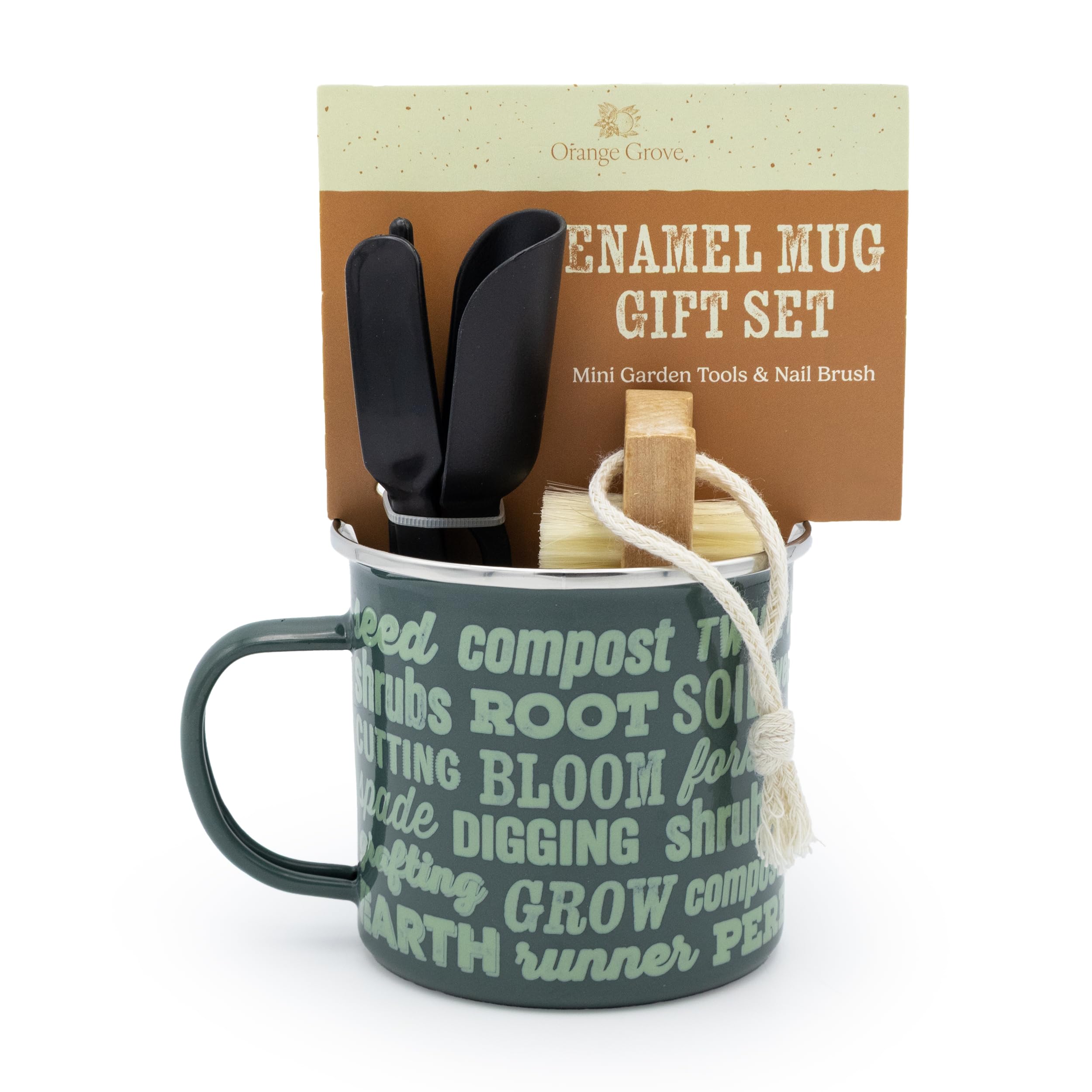 Mini Garden Tools and Enamel Mug Gardening Gift Set - Includes Dibber, Shovel, Seedling Extractor and Nail Brush