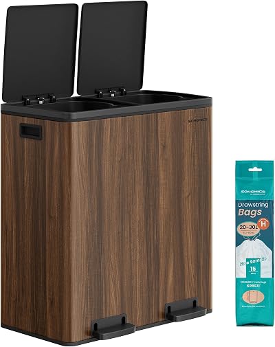 SONGMICS Dual Rubbish Bin 2-Compartment 30 L Dark Walnut LTB060N02