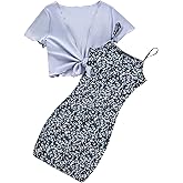 OYOANGLE Girl's 2 Piece Outfits Floral Print Sleeveless Cute Cami Dresses and Short Sleeve Lettuce Trim Tie Front Top Sets