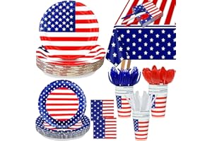 TURNMEON [13 Varieties] 4th of july Decorations, 254Pcs American Flag Patriotic Party Supplies 4th of July Plates Tablecloth Napkins Cups Spoons Knife Forks Banner Balloons Red White Blue Decorations, Serve 20