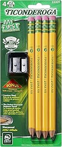 TICONDEROGA My First Pencils, Wood-Cased #2 HB Soft, Pre-Sharpened with Eraser, Includes Bonus Sharpener, Yellow, 4-Pack (33309)