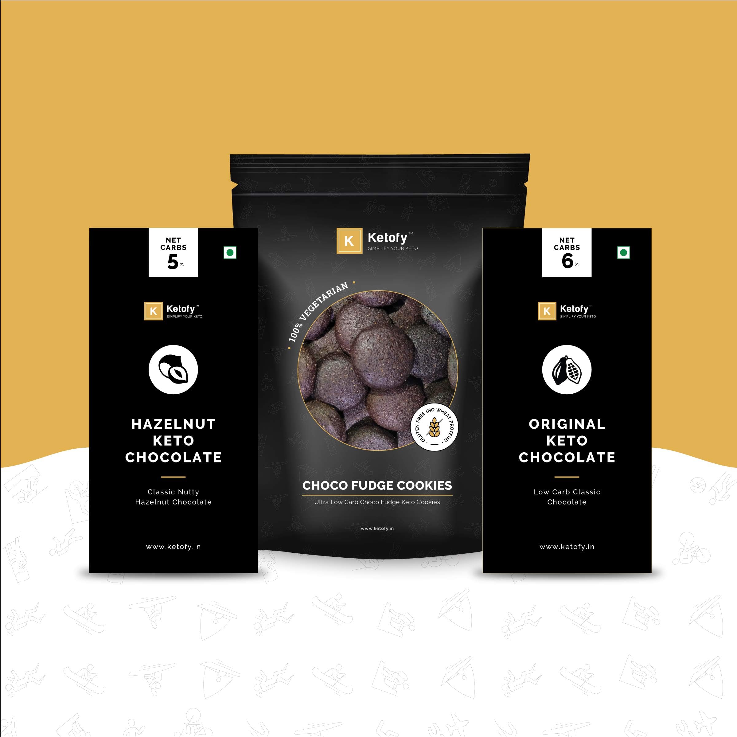 Ketofy - Keto Chocolate Snacks Combo | Choco Fudge Keto Cookies (200g), Hazelnut Keto Chocolate (50g),Keto Chocolate (50g)