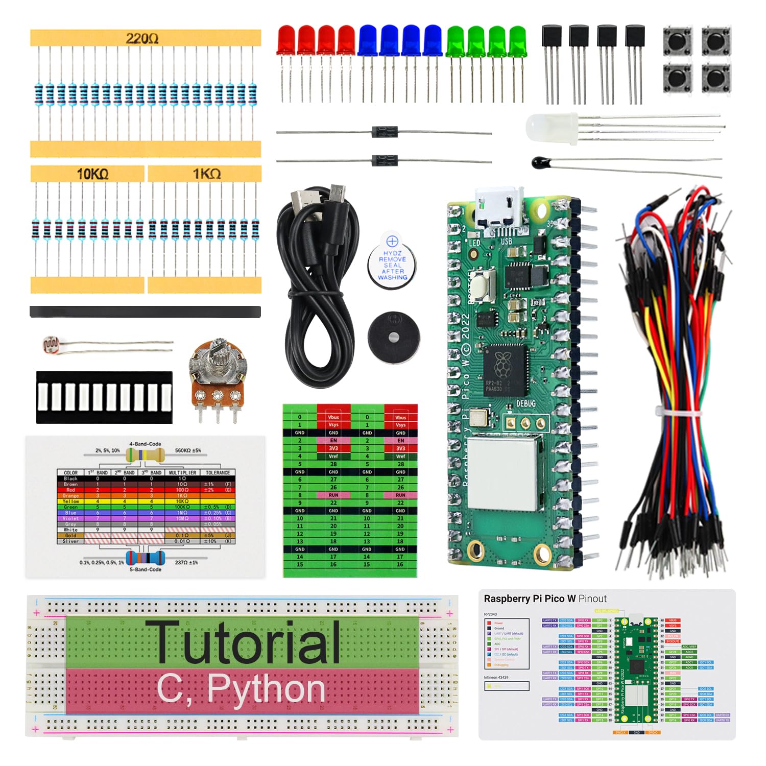 Freenove Basic Starter Kit for Raspberry Pi Pico W (Included), Dual-core Arm Cortex-M0+ Microcontroller, 386-Page Detailed Tutorial, 142 Items, 55 Projects, Python C Code