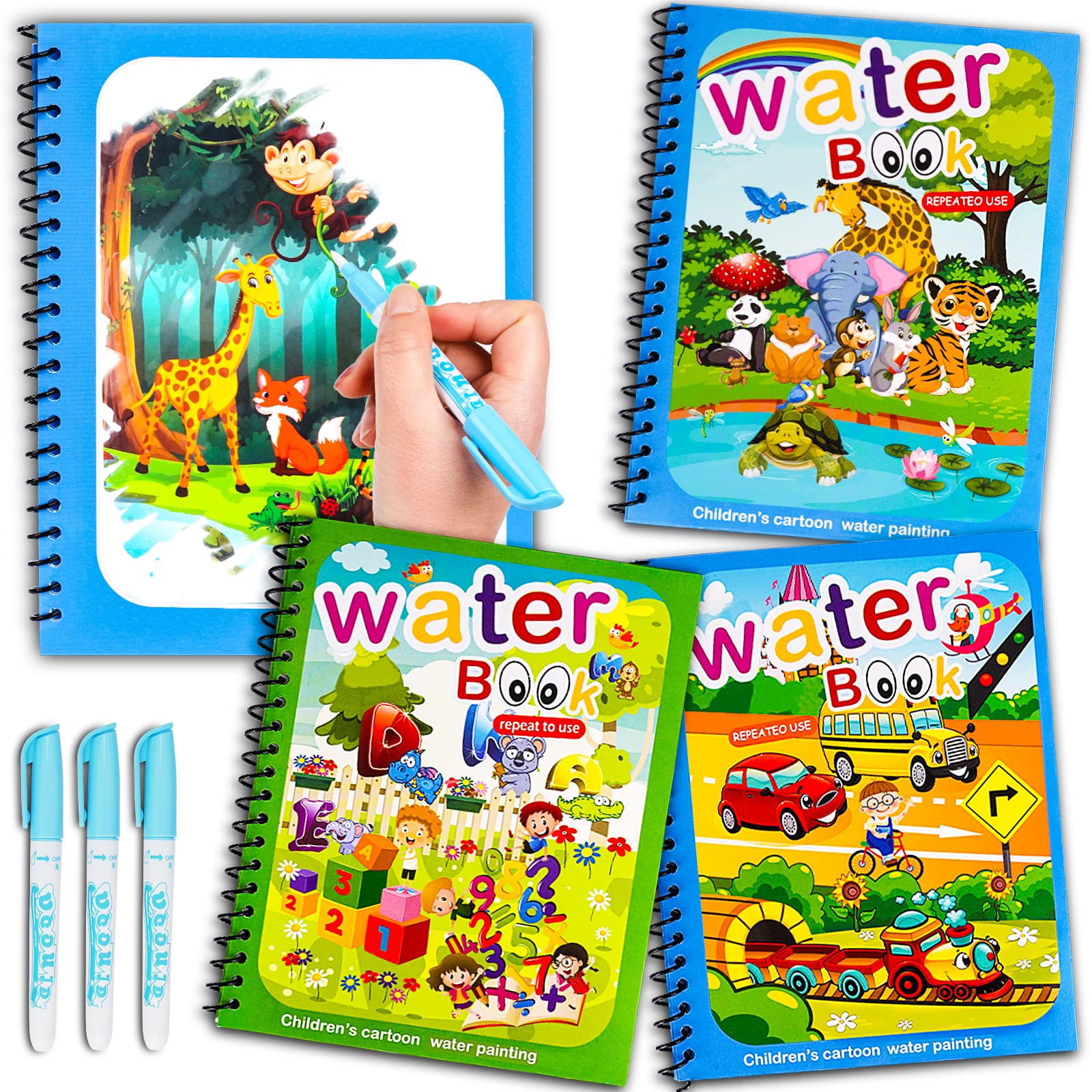AIR Water Coloring Books for Toddlers, Reusable Water Doodle Book Toys, Mess-Free Coloring Book, Toddler Toys & Activities for Girls Boy Easter Gift for 1 2 3 4 5 + Year Old (3 Pack)