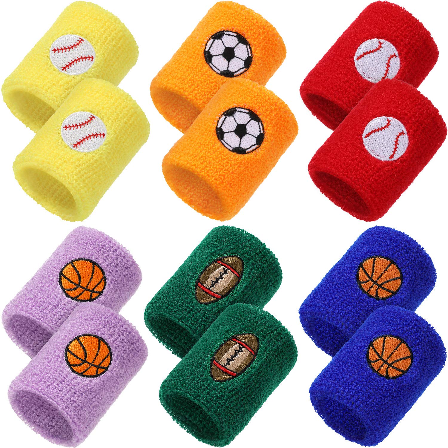 Gejoy 24 Pieces Sports Wristbands for Kids, Colorful Wrist Sweatbands Cotton Terry Cloth Wristbands with Soccer Basketball Football Baseball Design for Sports Party Birthday Party Favors, 6 Colors