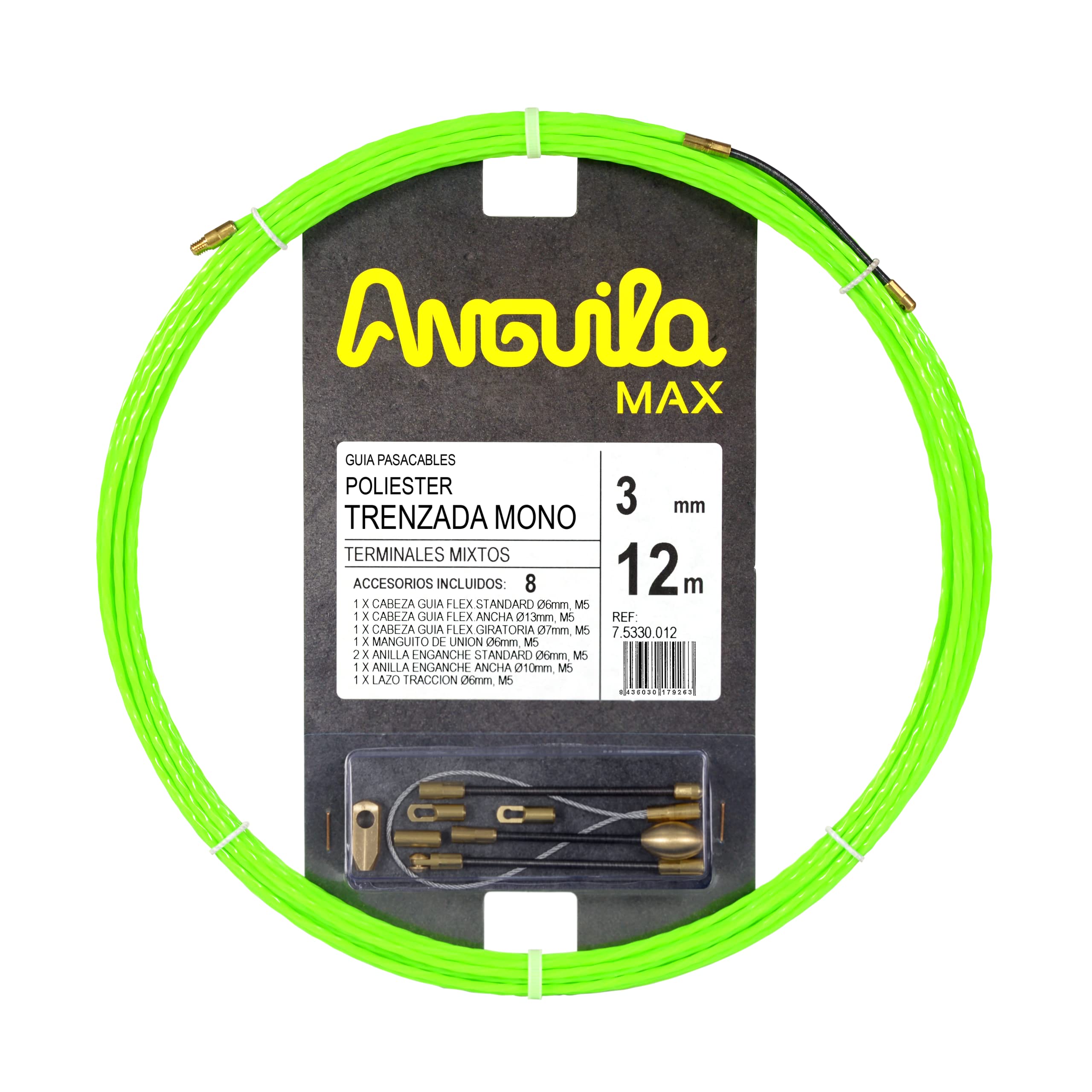 Anguila Max | Cable Groove Guide | Narrow Tubes | Monofilament | Braided Polyester | Mixed Terminals | Green Color | Diameter 3 mm | 12 m