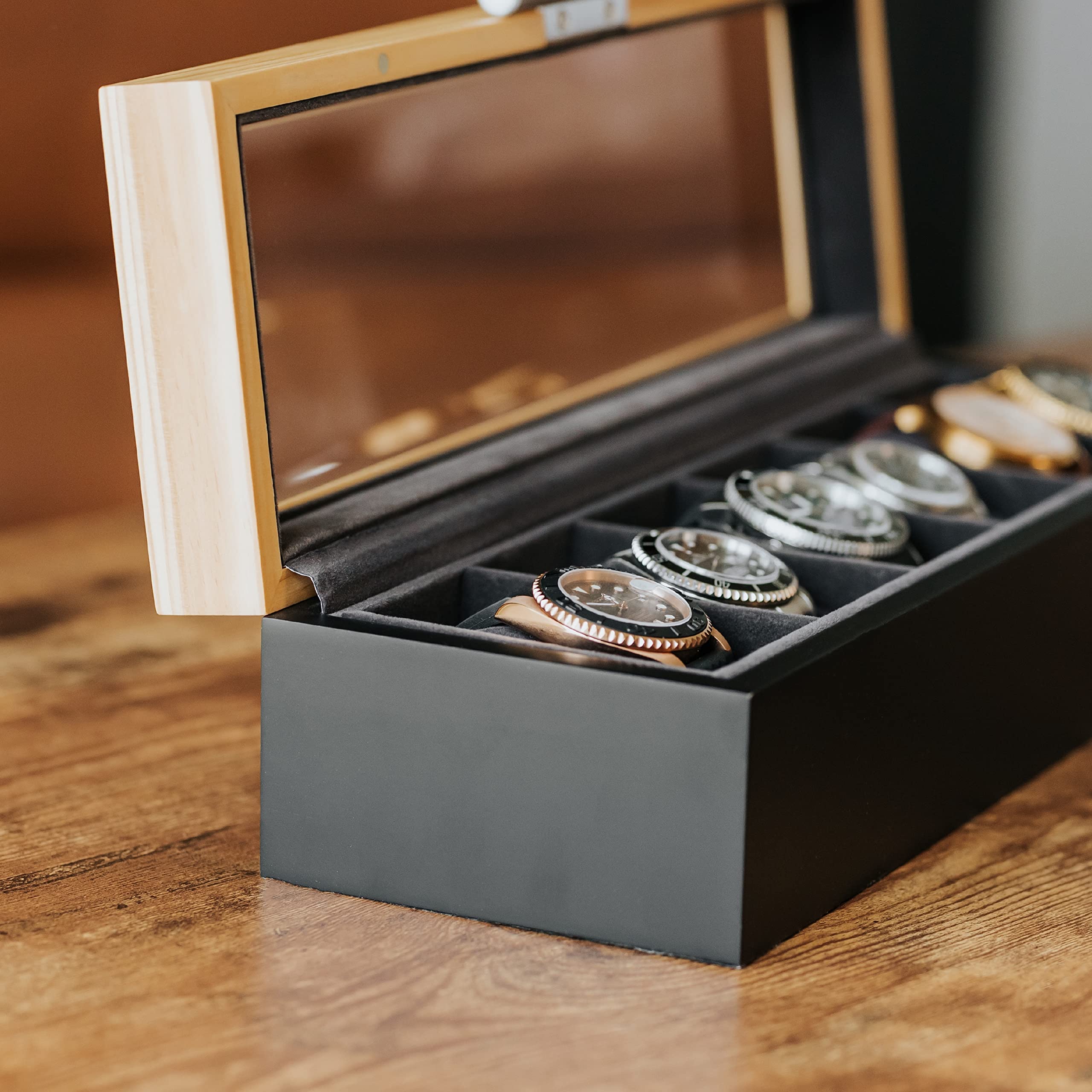 CASE ELEGANCE Two-Toned Pine and Black Base with Modern Aluminum Handle 6-Slot Watch Box with Real Glass