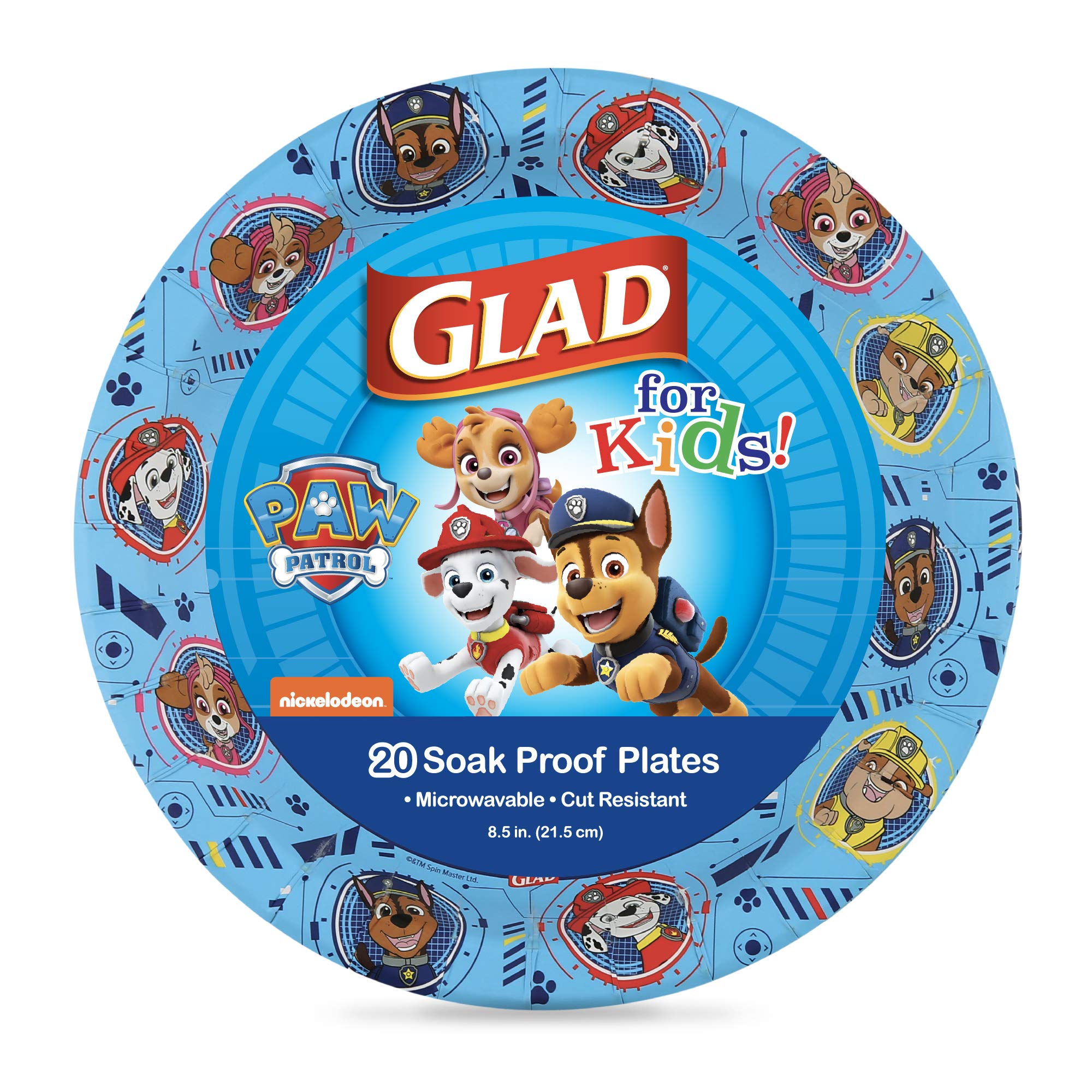 Photo 1 of Glad for Kids Paw Patrol Round Disposable Paper Plates, Core Pups Blue - Heavy Duty, Soak Proof, Microwavable Plates for Everyday Use, 8.5 Inch, 20 Count