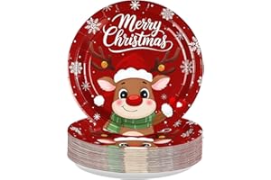 GRENCIAN 50Pcs Merry Christmas Round Paper Plates 10 Inch Heavy Duty Christmas Cartoon Red Reindeer Platters Xmas Snowflake Elk Dessert Plates for Winter Holiday Baby Shower Birthday Party Supplies Decoration