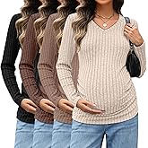 Sweetyweee 4 Pack Maternity Shirts V Neck Long Sleeve Pregnancy Clothes Ribbed Fit Women's Sweaters Winter Mama's Thermal Top