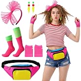 ZhouBoat 5Pcs 80s Accessories for Women Neon Costume Halloween Cosplay | Fanny Pack, Headband, Fishnet Gloves, Earrings, Socks, 80s Theme Party