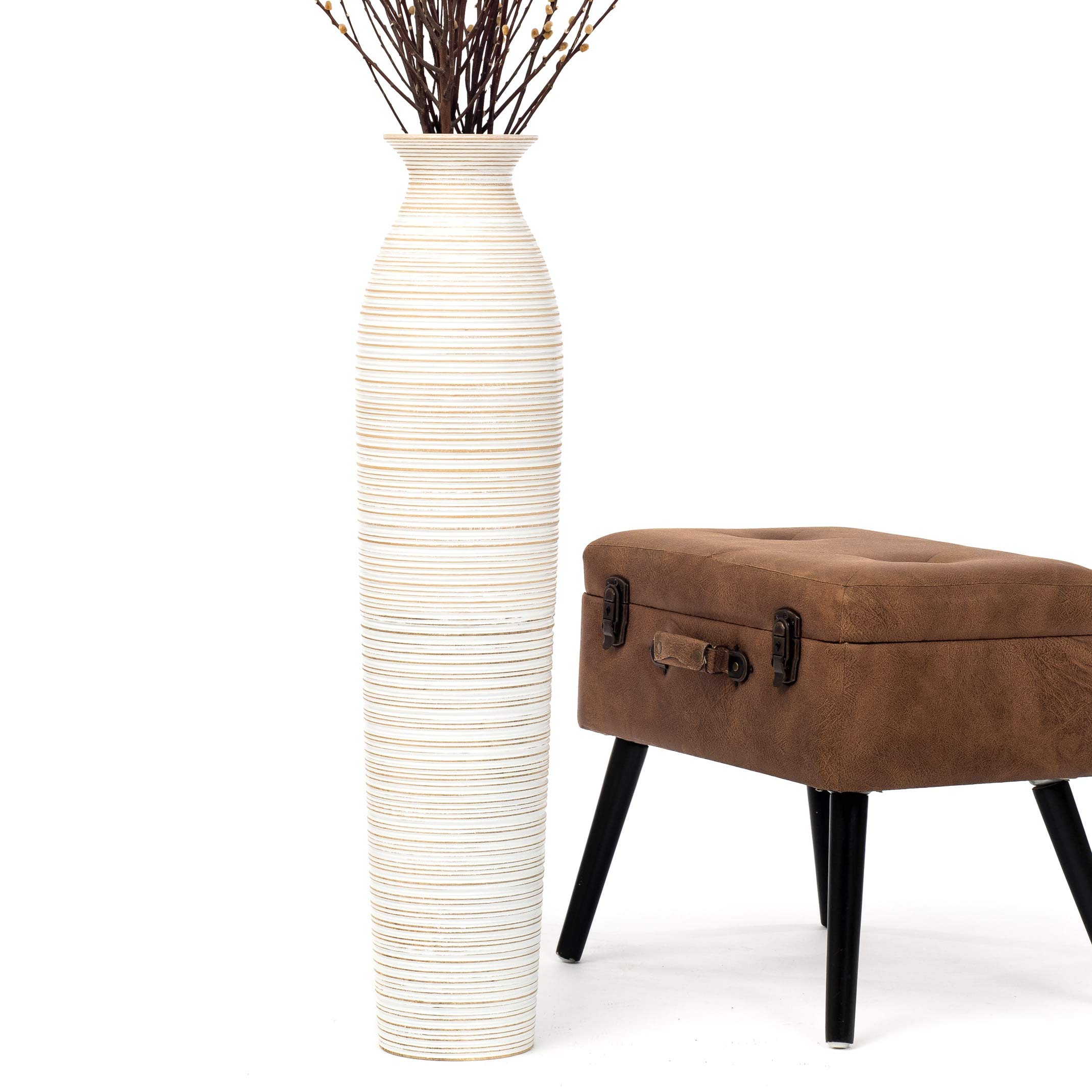 Leewadee Large White Home Decor Floor Vase - Wooden 85 cm Tall Farmhouse Decor Flower Holder For Fake Plant And Pampas Grass