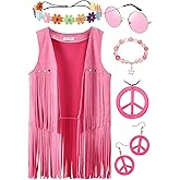 PARTTELY 70s Outfits for Women, Disco Hippie Costume Clothes Woman Cowgirl 70s Costume Fringe Hippie Vest