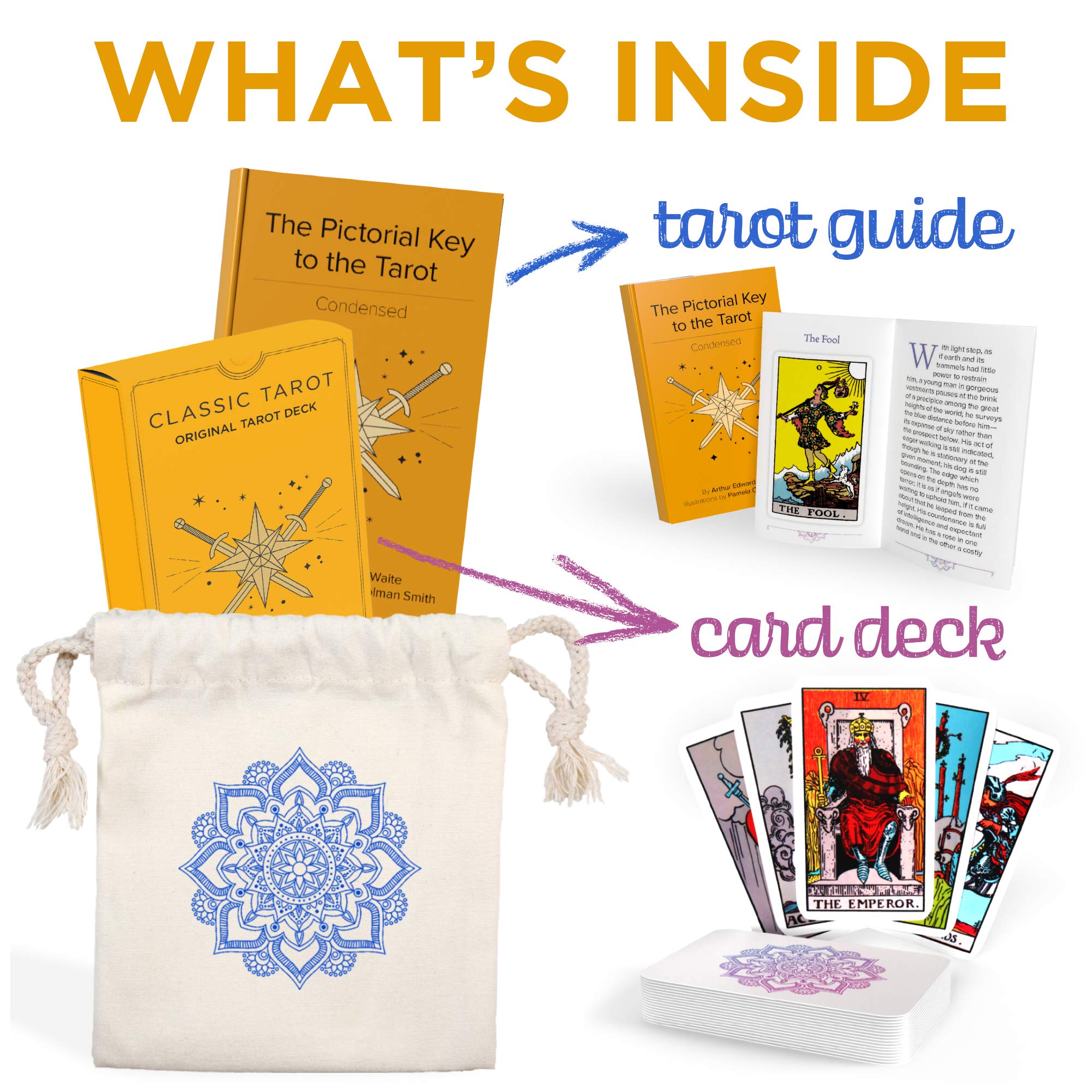 Sagesight Classic Tarot Cards Deck with Guidebook & Premium Linen Carry Bag - Original Pamela Colman Smith Artwork - Tarot Cards for Beginners and Experts (Light)