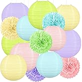 15pcs Paper Lanterns Pastel Party Decorations – Rainbow Hanging Decor with Pom Poms for Classroom Ceiling, Birthday, Baby Shower, Wedding, Christmas