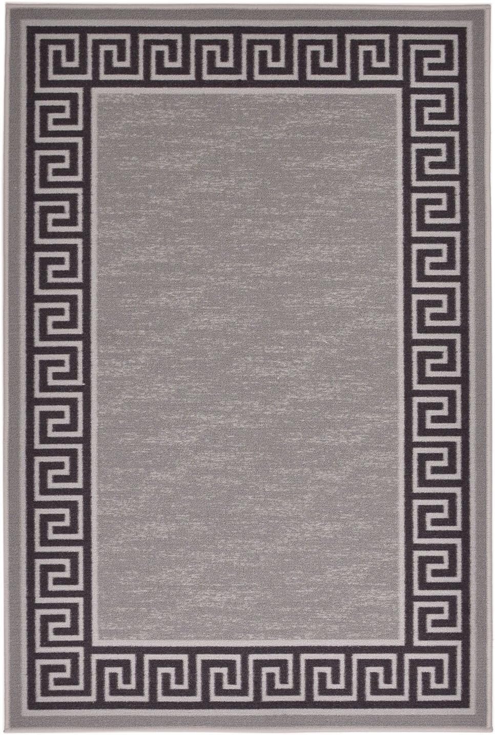 Meander Greek Key Bordered Grey Black Color 3x5 Area Rug, Slip Skid Resistant Rubber Backing Geometric Design Area Rugs (Grey, 3'3" x 4'11")