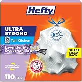 Hefty Ultra Strong 13 Gal Kitchen Trash Bags, Lavender Vanilla, 110ct | Bulk Pack, 13G Tall White Trash Bags with Drawstrings for Kitchen, Resists Leaks, Punctures, Rips, Continuous Odor Control