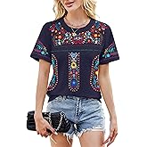Embroidered Mexican Peasant Blouse Women Summer Boho Shirt Mexico Fiesta Short Sleeve Tops
