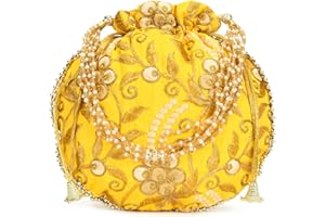 EKAVYA Potli Bag for Women Ethnic Gold, Pearl Handle Floral Accents, Drawstring Closure Pearls Handle Batwa Clutch Purse