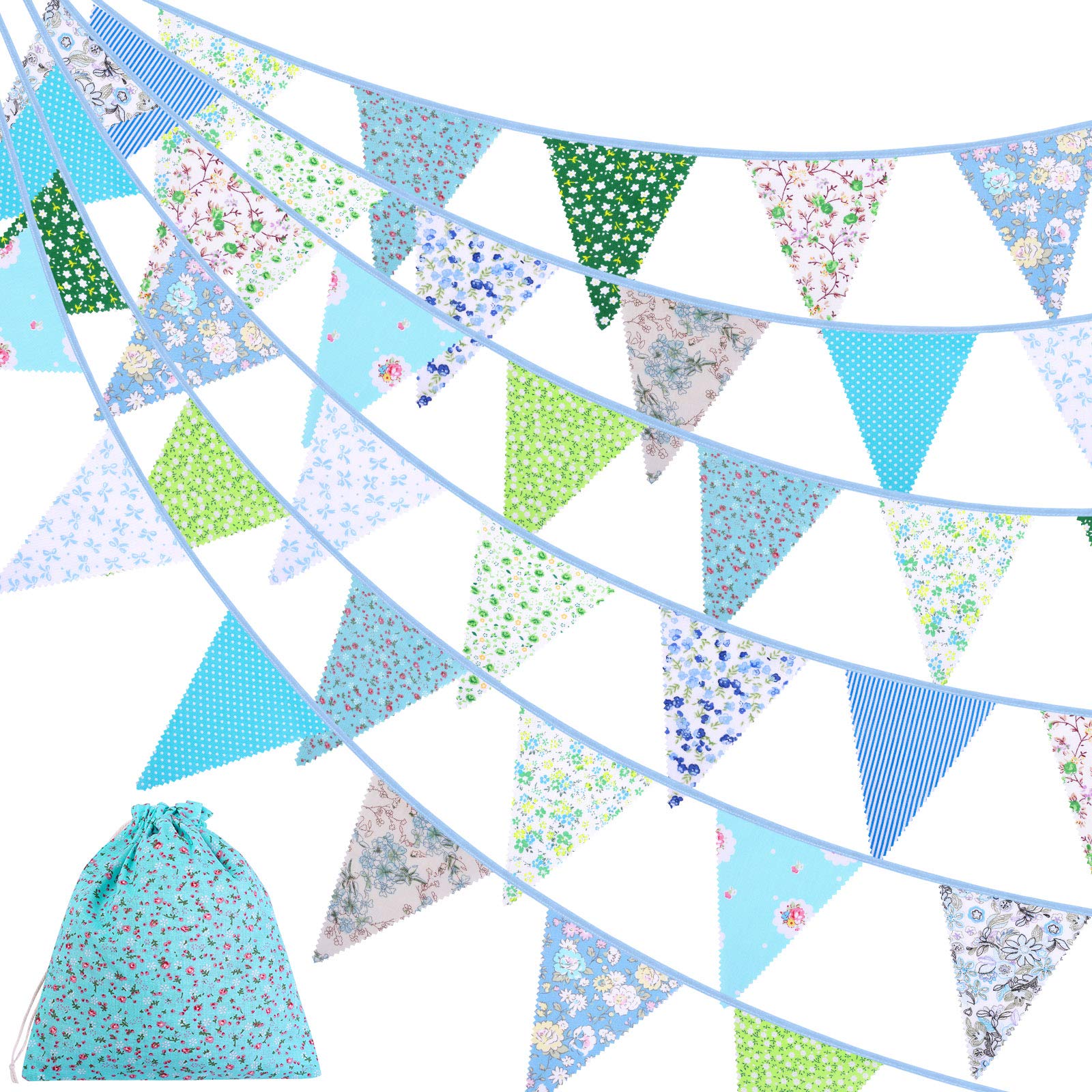ADXCO 41 Feet Fabric Bunting Banner Vintage Bunting Flag 42 Pieces Floral Pennants Triangle Flags Cloth Garland for Birthday Wedding Party Home Garden Baby Shower Decor, Green and Blue