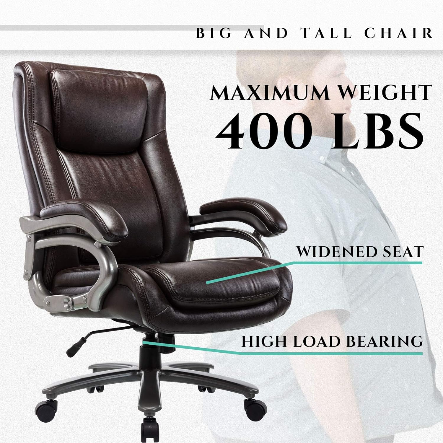 400lb Big & Tall Office Chair - High Back Bonded Leather Executive Managerial Chair, Heavy Duty Metal Base Adjustable Height Thick Padded Seat Ergonomic Design Large Computer Swivel Task Desk Chair: Kitchen & Dining