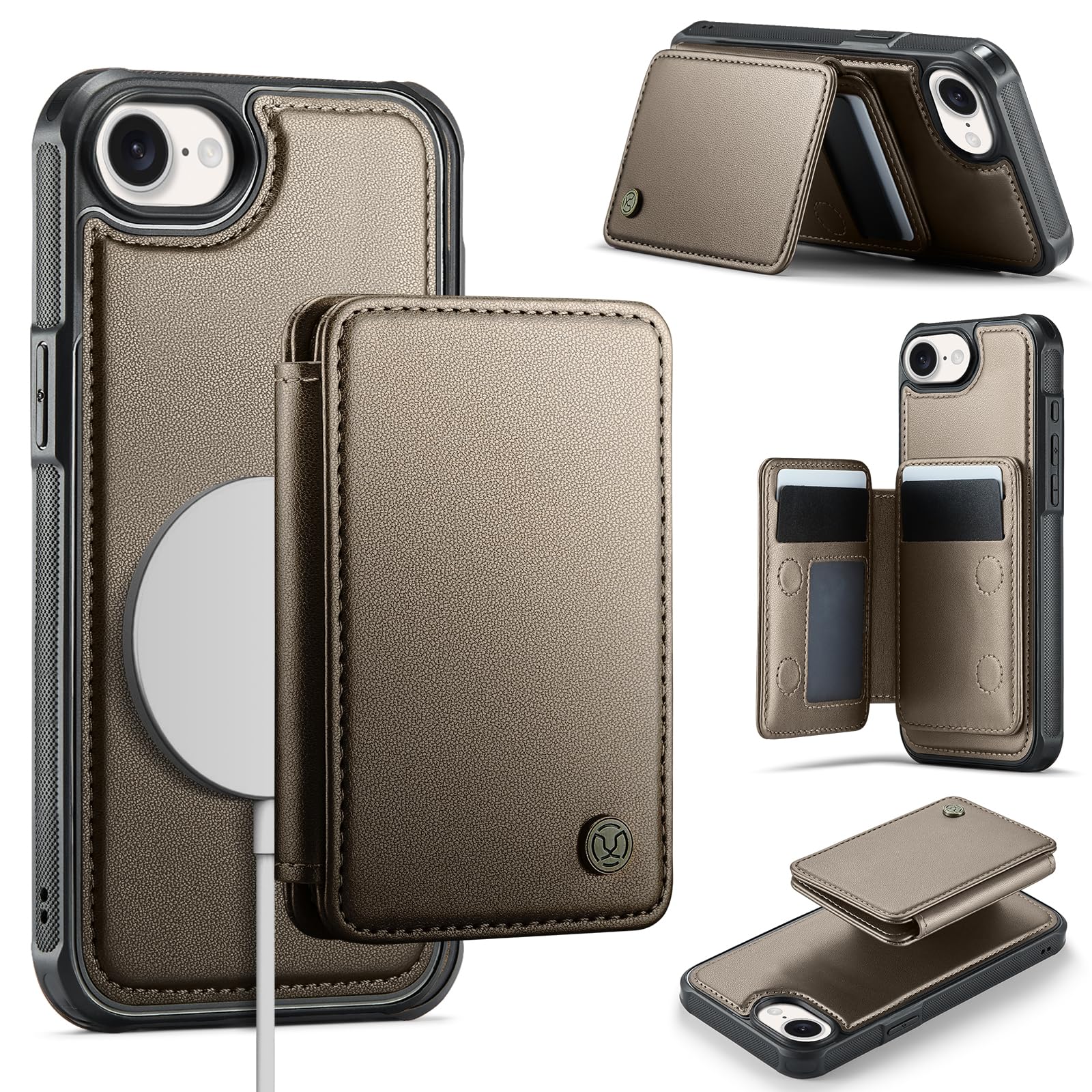 Photo 1 of *** MISSING WALLET***      Usroom Compatible with Magsafe for iPhone 16E Wallet Case Magnetic Card Holder, RFID Blocking 2 in 1 Detachable Kickstand Shockproof Cover for Apple iPhone 16e, Bronze Gold