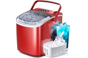 CRZOE Countertop Portable Ice Maker Machine with Handle, 9 Bullet-Shaped Ice Cubes Ready in 6 Mins, 26Lbs/24H, Self-Cleaning Function with Ice Scoop and Basket for Home/Kitchen/Party (Red)