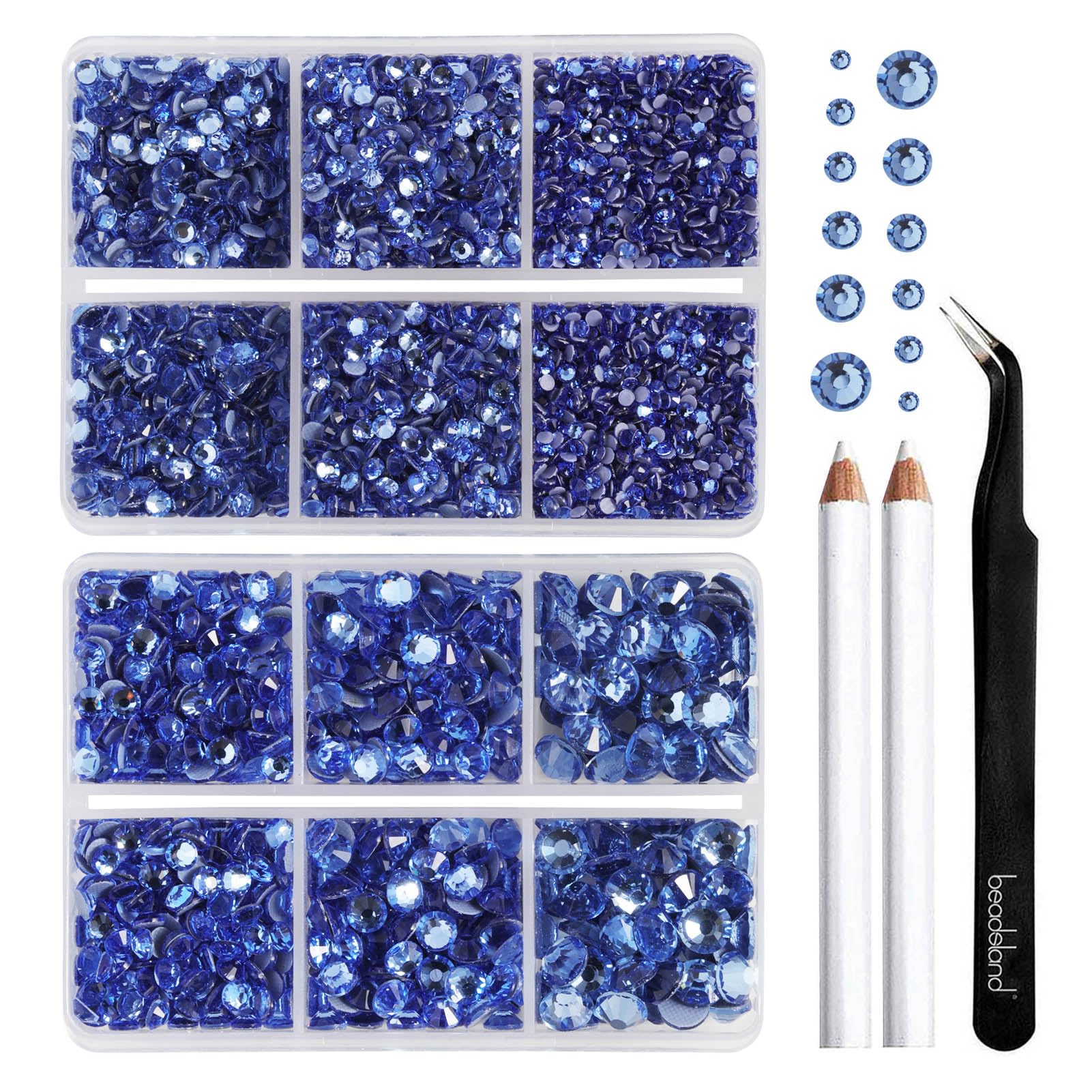 BEADSLAND Hotfix Rhinestones,6080PCS Light Blue Rhinestones for Clothes Crafts Mixed 6 Sizes with Wax Pencil and Tweezers Kit,SS6-SS30,Light Sapphire