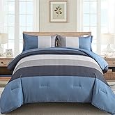 WONGS BEDDING Comforter Set Queen Size, Reversible Blue Grey Striped Patchwork Alternative Comforter for Queen Bed,3 Pieces (1 Comforter+2 Pillowcases), Soft Microfiber Bedding Duvet Set 90”×90”