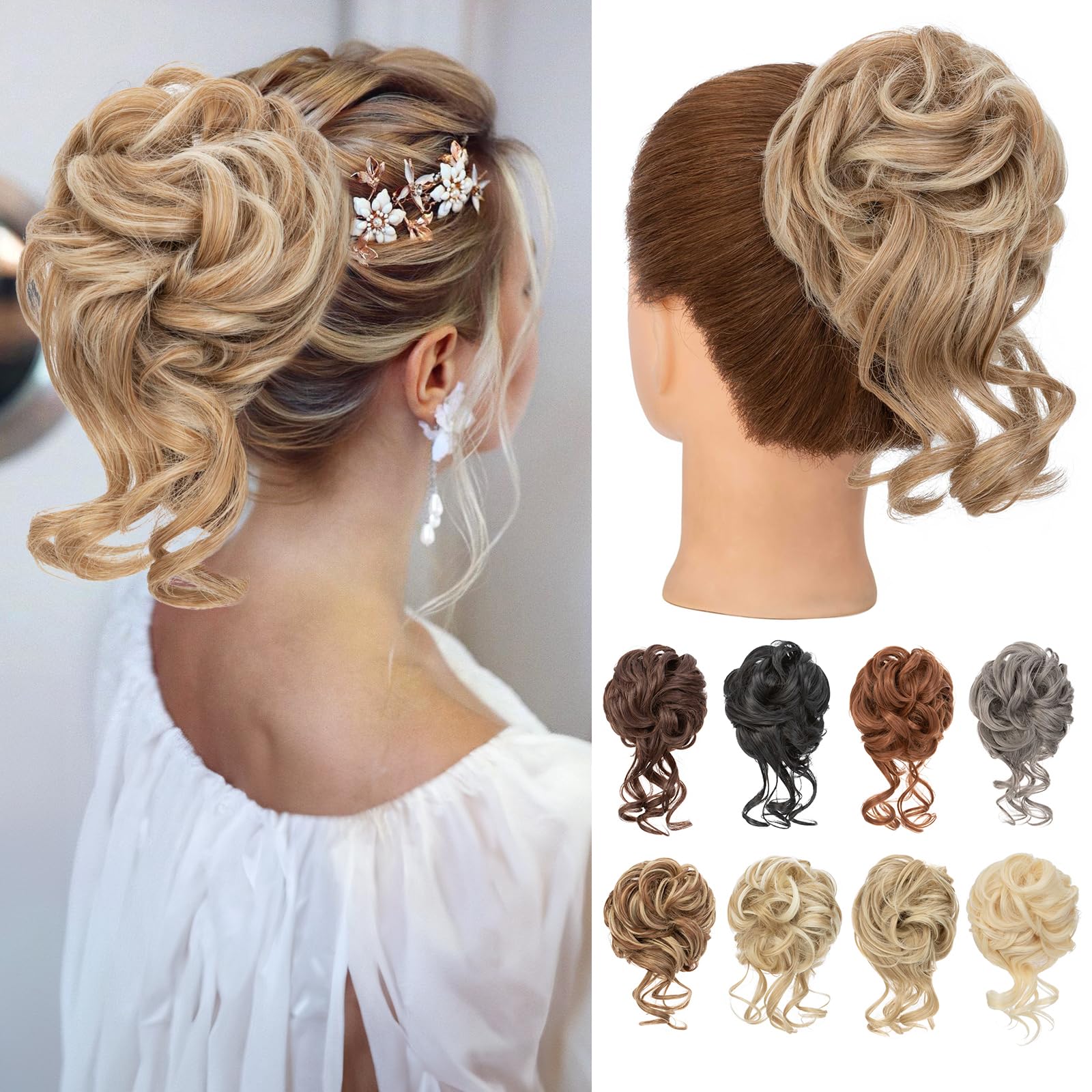 Benehair Messy Bun Hair Piece Wavy Curly Claw Clip Hair Bun Extensions Synthetic Hair Bun Donut Accessories Scrunchies Hair Pieces for Women(Middle Brown mix Blonde, 75g) — image 1