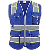 Rhino Hit Reflective Safety Vest for Men Women, High Visibility Safety Vest with 8 Pockets Zipper Front, Meets ANSI Standards