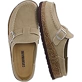 CUSHIONAIRE Hobby Genuine Leather Suede Mule Clogs for Women with Buckle Strap and Cork Footbed, Supportive All-Day Comfort in Womens Shoes