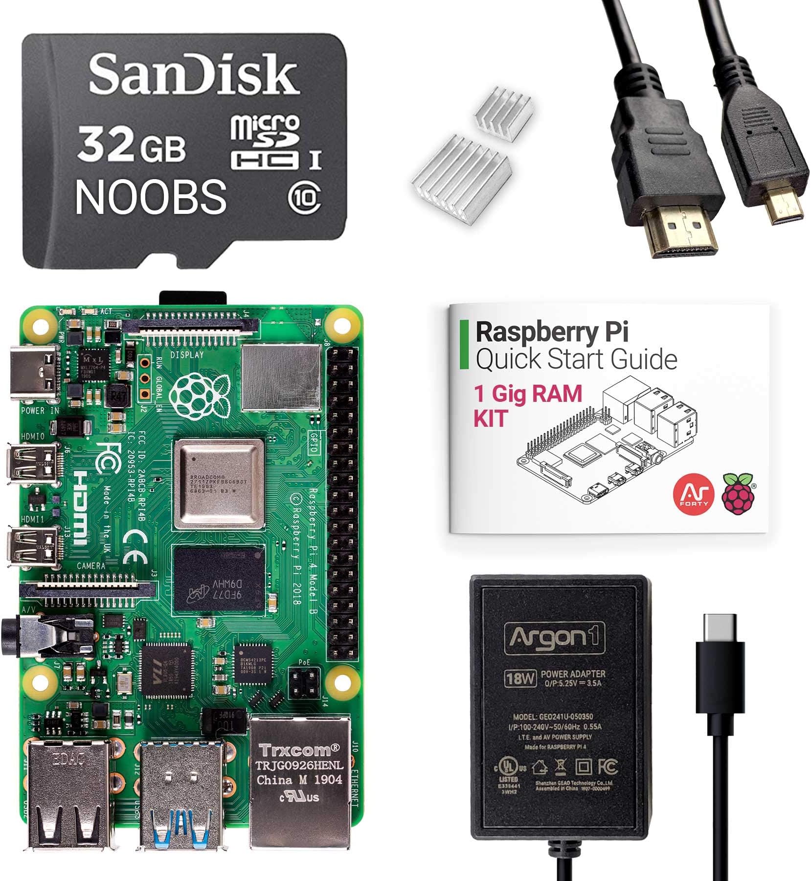 Argon x Raspberry Pi 4 Kit (1 Gig) | Barebones | Pre-Installed with Noobs | Includes Micro HDMI to HDMI Cable, Type-C Power Supply, and Quick Start Guide for Raspberry Pi 4