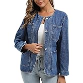 Ladyful Women's Oversized Denim Jacket 2025 Fall Long Sleeve Collarless Jean Jacket Casual Button Down Outfits