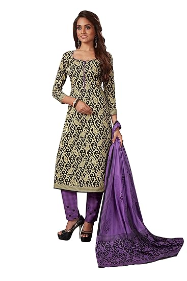 Womens Pure Cotton Printed Unstitched Dress Material (DSK673_Black-Purple)