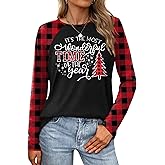 Merry Christmas Shirts for Women Christmas Tree T-Shirt Xmas Light Tee Shirt Buffalo Plaid Long Sleeve Tops