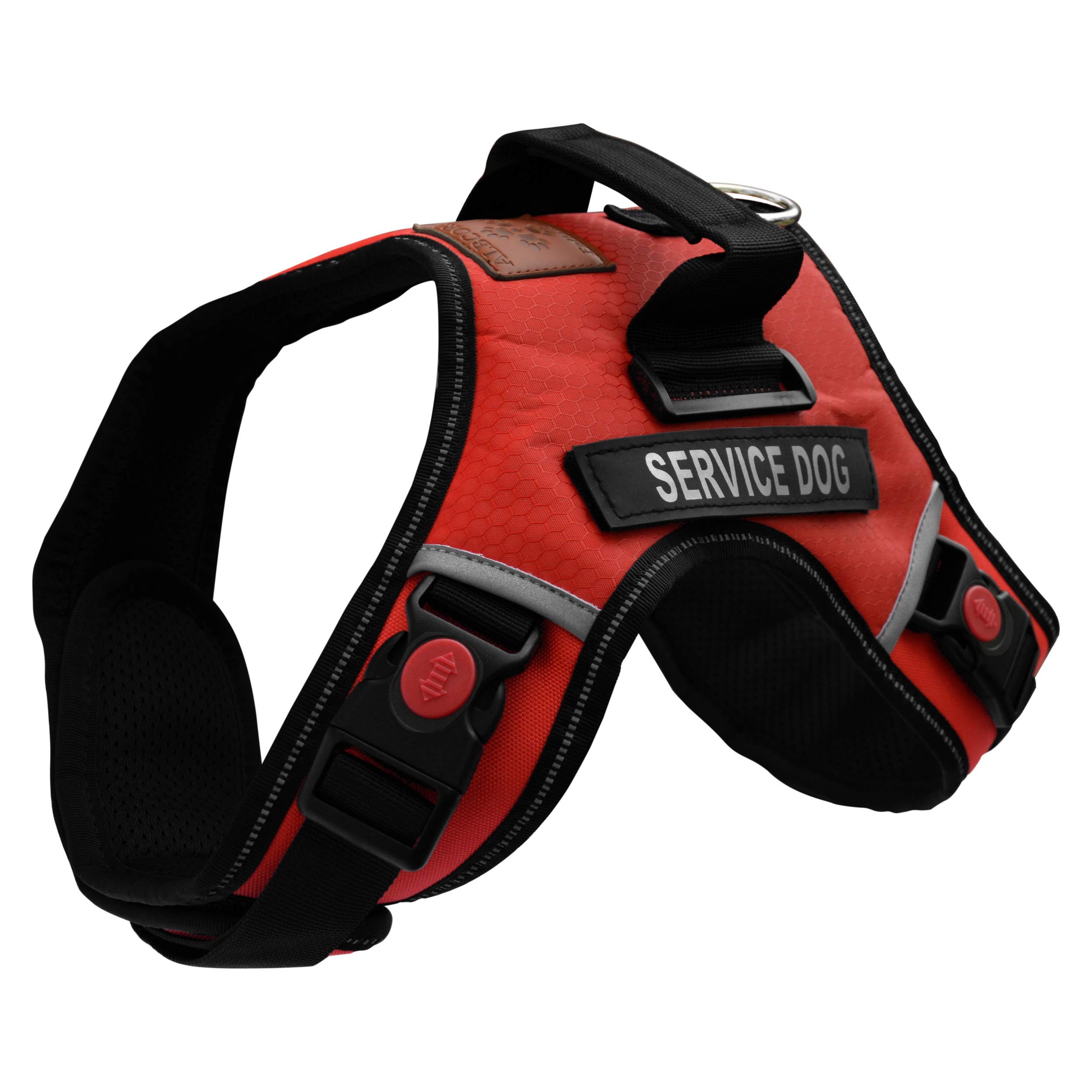 ALBCORP Reflective Service Dog Vest Harness – No-Pull Harness with Handle & Comfy Mesh Padding – Available in Sizes XS-XL– with 2 Removable Hook & Loop Service Dog Patches, Small, Red