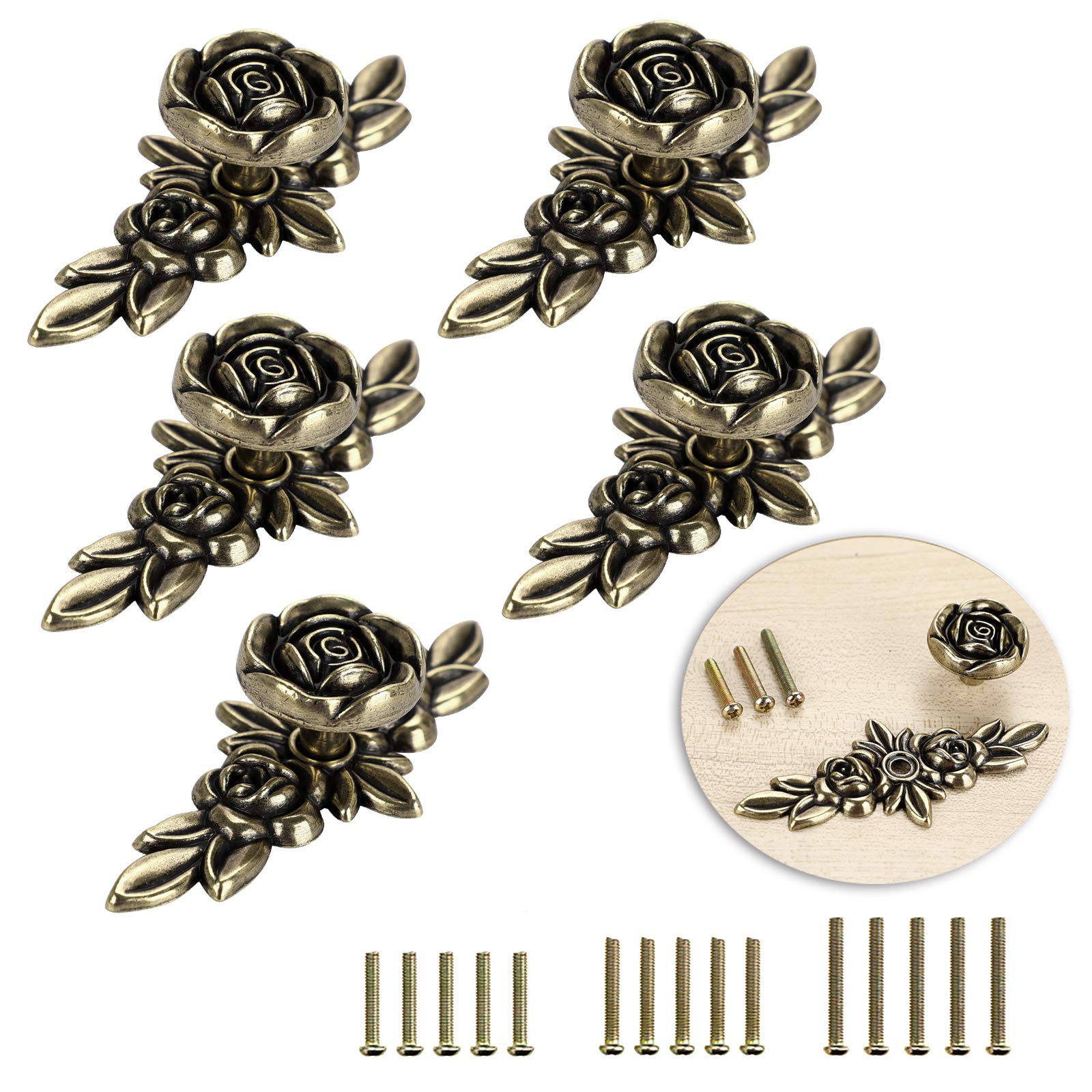 BSTKEY 5 Packs Rose Drawer Knobs Pull Handles for Cupboard Cabinet Wardrobe Chest with Plate, Decorative Furniture Knob for Home (100mm, Antique Bronze)