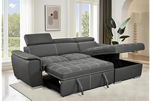 THSUPER Microfiber L-Shaped Sectional Sofa with Pull-Out Bed, Adjustable Headrests, and Storage Chaise,Sectional Sleeper Couch for Living Room(Grey 4-Seat Sofa)