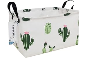 ONOEV Rectangular Folding Laundry Basket,Canvas Basket,Nersury Hamper,Suitable for Children,Office,Bedroom,Clothes,Toys Storage (REC Green Cactus), 14.9’’L ×10.2’’W×9.05’’H inches