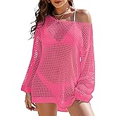 Buauty Women's Swimsuit Crochet Cover Up | Bathing Suit Swimwear Short Sleeve Knit Beach Dress Summer Vacation Outfits Rose Red