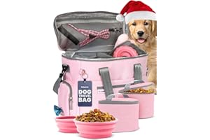 RUBYLOO The Original Doggy Bag™- Dog Travel Bag for Supplies - Ultimate Gift for Dog Moms & Dads, Doggy Lovers & Pet Owners for Christmas- Includes 2 BPA-Free Travel Bowls and 2 Food Containers: Lt. Pink