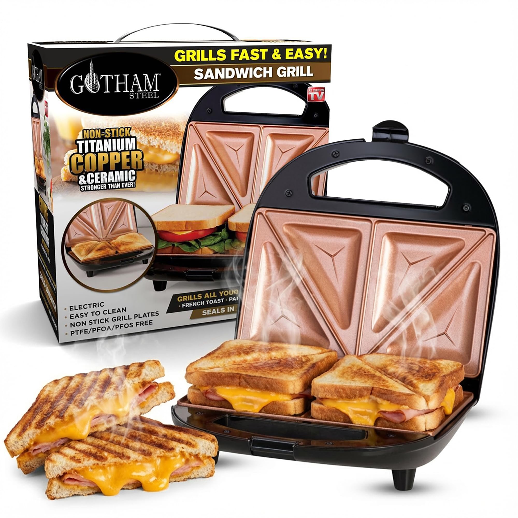 Photo 1 of Gotham Steel Nonstick Panini Press Sandwich Maker, 2in1 Breakfast Sandwich Maker Grill / Sandwich Press Grill with Indicator Light, Grilled Cheese Maker Makes 2 Sandwiches with Easy Cut Edges